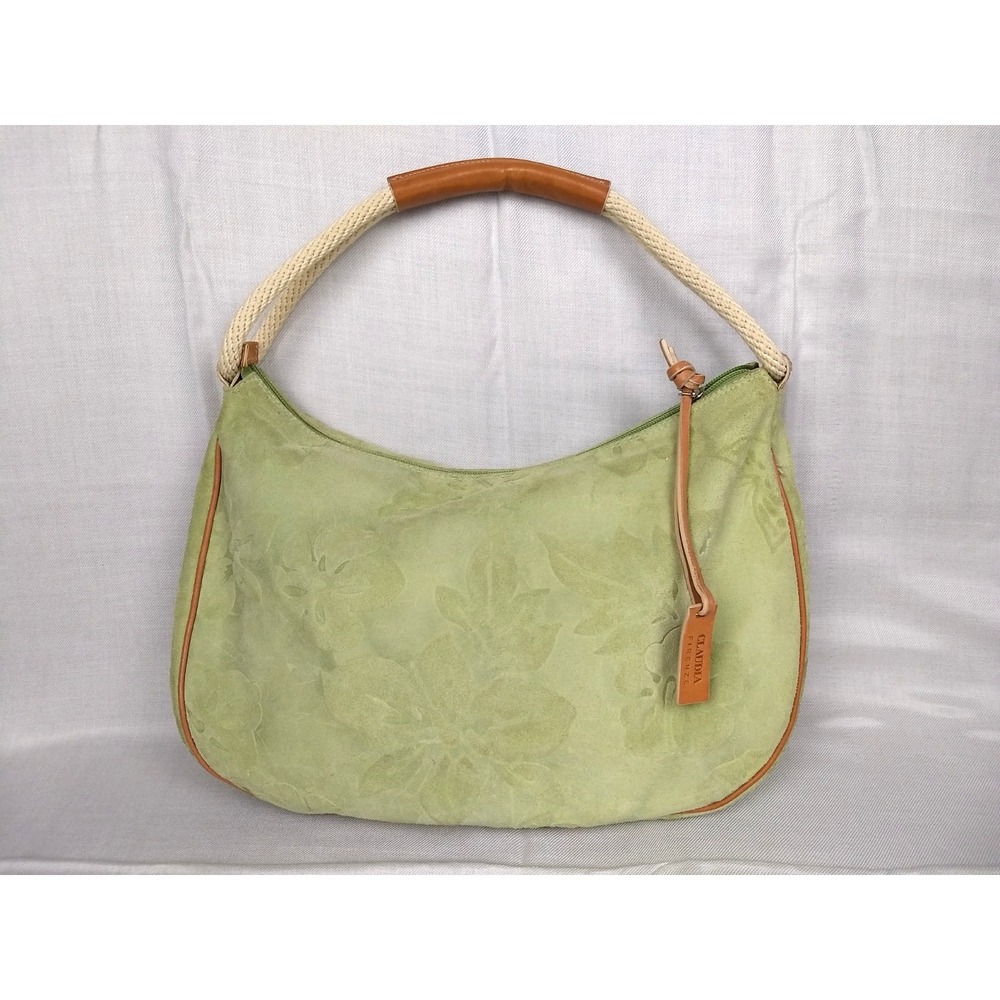 Claudia Firenze Italian Suede Leather Hobo Bag Pale Green Tan Trim Floral Zipper